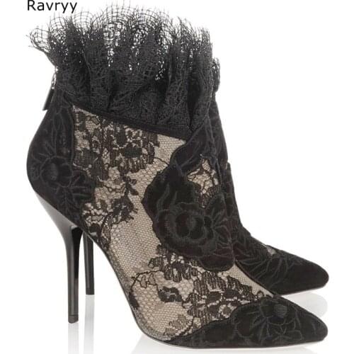 Summer Sexy Black Lace Woman Sandals embroider flower Decor Black Short Sandal Boots Fashion Pointed Toe Female Dress Shoes