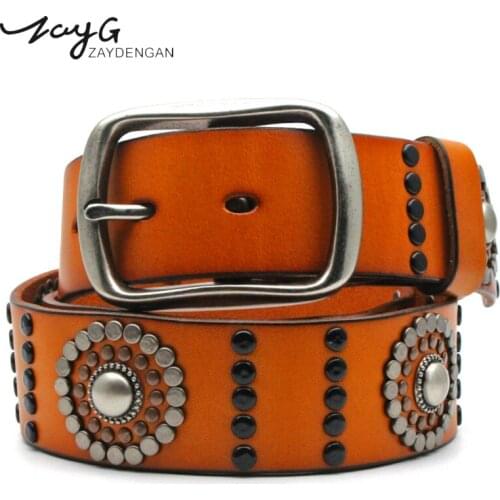 ZAYG Punk Fashion High Quality Metal Sun Wheel Vintage Wind Pin Buckle Belt Personality Rivet Women and Men Gothic Jeans Belt