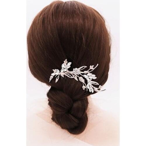 SLBRIDAL Rose Gold Color Alloy Crystal Rhinestone FLower Leaf Wedding Hair Comb Bridal Headpiece Hair accessories Women Jewelry