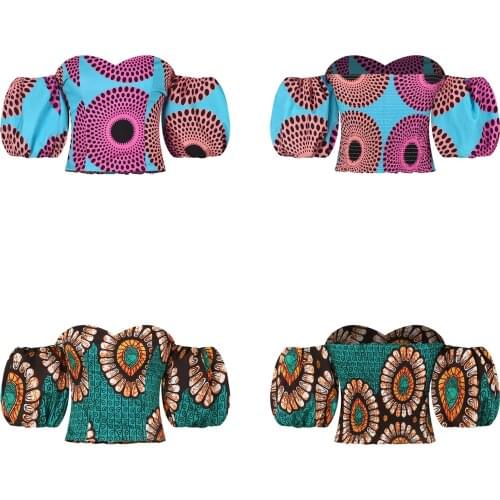 Retro T Shirt Women Off Shoulder Puff Sleeve Crop Top Summer Bohemia Printing Shirred Back Vacation Rave Party Music Festival