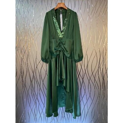 Sexy Deep V-Neck Long Dress 2021 Autumn Fashion Party Evening Women Sequined Hollow Out Long Sleeve Black Green Long Maxi Dress