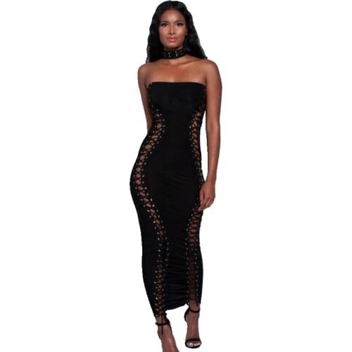 Women Lace Up Summer Strapless Bandage Bodycon Evening Party Slim Midi Dress