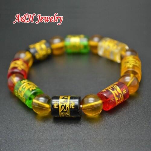 10pcs Colorful Barrel Shape Glass Beads Stretch Bracelets Six Words Carved Prayer Mala Jewelry Fashion Women Jewelry