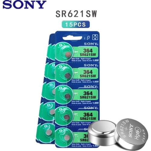 15pcs Sony Original 1.55V 364 SR621SW V364 SR60 SR621 AG1 Watch Battery Silver Oxide Button Coin Cell Batteries MADE IN JAPAN