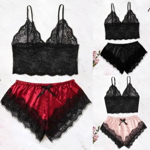 2020 Lace Trim Satin Cami Top Sexy Lingerie Pyjamas Set Women V Neck Sleeveless Strap Pajama Sets Summer Women Bow Sleepwear Set