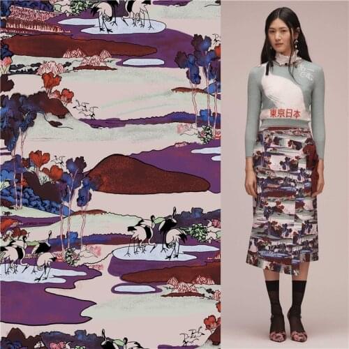 Satin fabric custom elegant landscape painting pattern dress polyester cloth DIY sewing patchwork 127
