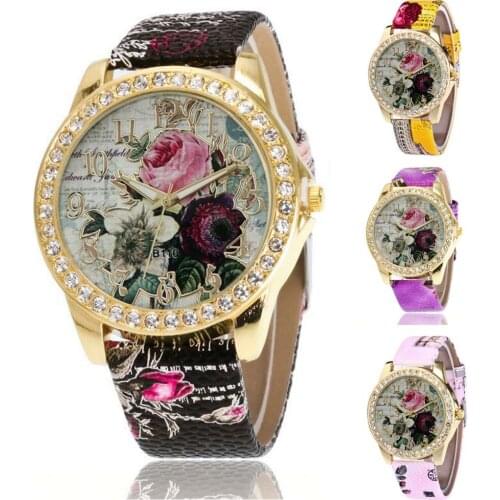 New Casual Fashion Rose Pattern Leather Band Analog Quartz Vogue Dress Clock Women Wristwatches reloj mujer horloges vrouwen *L