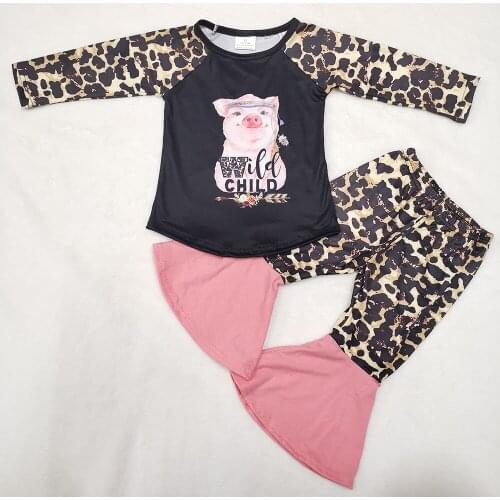 Long sleeve outfit for children cute animal pattern clothing set with leopard