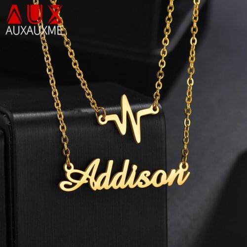Auxauxme Customized 2 Layers Heartbeat Name Pendant Necklaces for Women Golden Stainless Steel Custom Jewelry Birthday Gifts