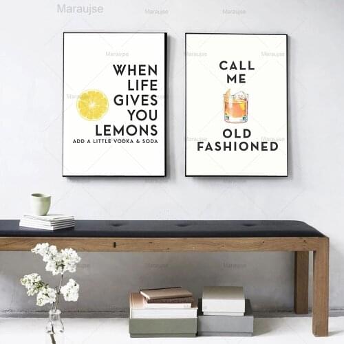 Call Me Old Fashioned Cocktail Lemon Quote Art Canvas Poster Painting Bar Wall Picture Print Painting Home Kitchen Decoration