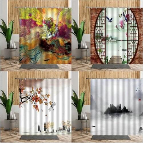 Chinese Landscape Painting Shower Curtain Waterfall Forest Lake Flower Printed Bathtub Fabric Bathroom Curtains Home Bath Decors