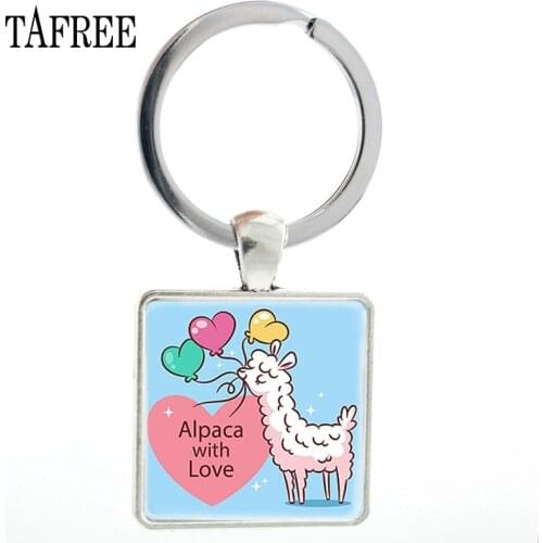 TAFREE Classic Alpaca With Love Animal Key Rings Cute Sheep Silver Plated Keychains Glass Jewelrys For School Girlfriend NT152