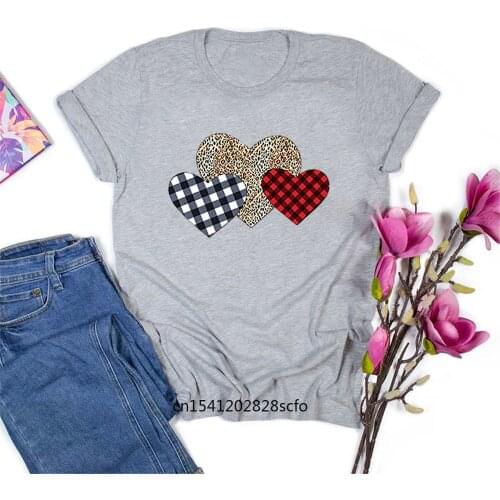 Summer Women Buffalo Plaid Leopard Heart T-Shirt Stretwear Round Neck Tops Cotton Graphic Tee Clothes Goth 2021 Fashion Tees
