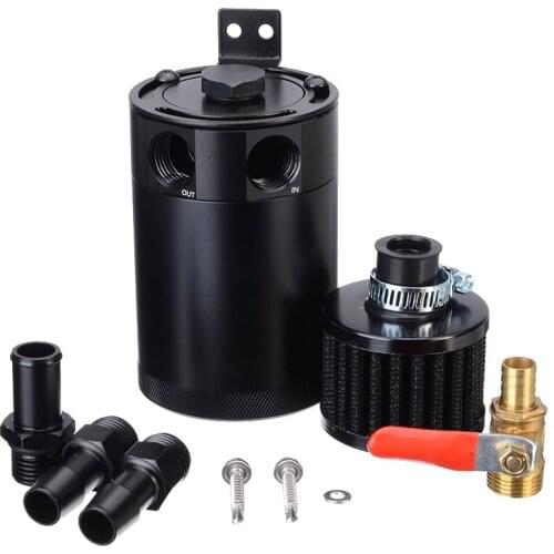 Mayitr 1set Aluminum 2-port Oil Catch Can Reservoir / Tank Universal Black With PCV/CCV Air Filter