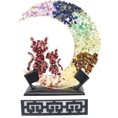 Trendy Crescent Moon Lovely Cat Rainbow Stone Pendant Black Obsidian for Anniversary Gift Jewelry