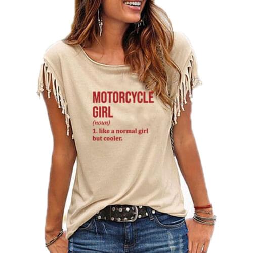 Motorcycle Girl Print Cotton Casual Tshirt Women Funny T Shirt for Lady Streetwear Gift Cotton Tassel Casual Tee Tops