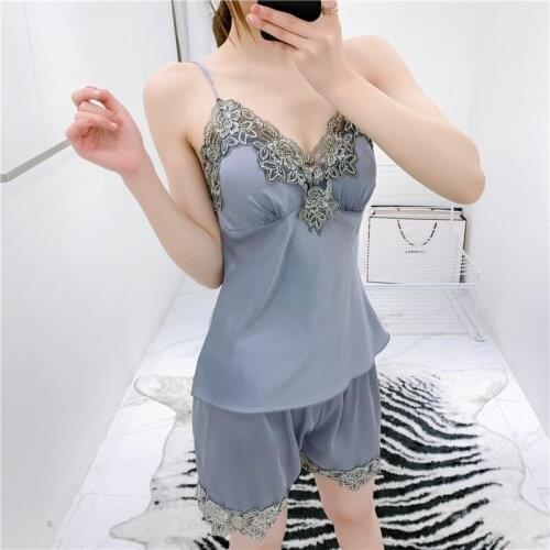2021 New Summer with Chest Pads Sling Top Shorts Suit Silk Like Thin Womens Pajamas Set Lace Sexy Nightwear Home Wear Sleepwear