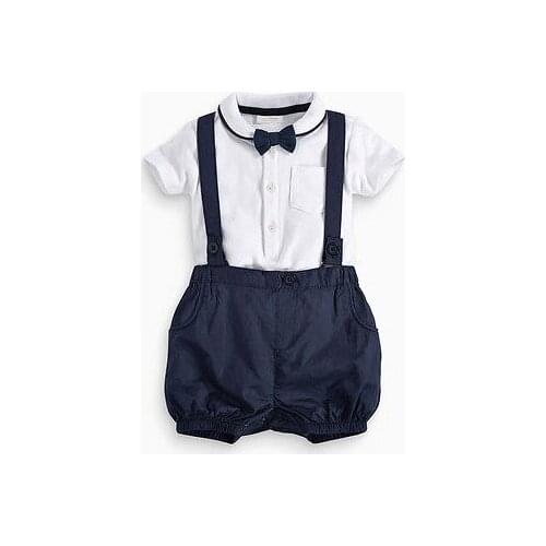 New Baby Boy Toddler Clothing Sets Gentalman T-shirt Tops + Bib Pants Overalls + Bow Tie 3PCS Outfit Outwear Blue 12 18 24 Month