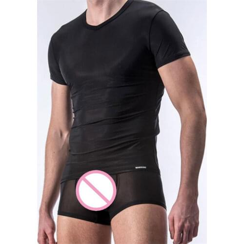 New Sexy Men Thin See Through Ice Silk T-shirts Light Standard Man T-shirt Cool Pajamas Summer Wear FX1018