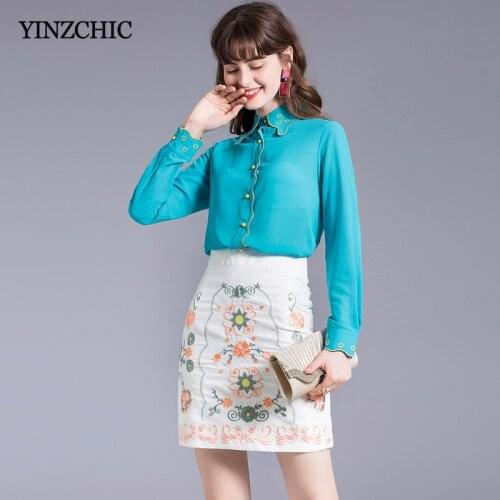 New Woman Embroidery 2pcs Suit Chiffon Blue Blouse + Short Pencil Skirt Sets for Office Lady Female Elegant Shirt Skirt Suit Set