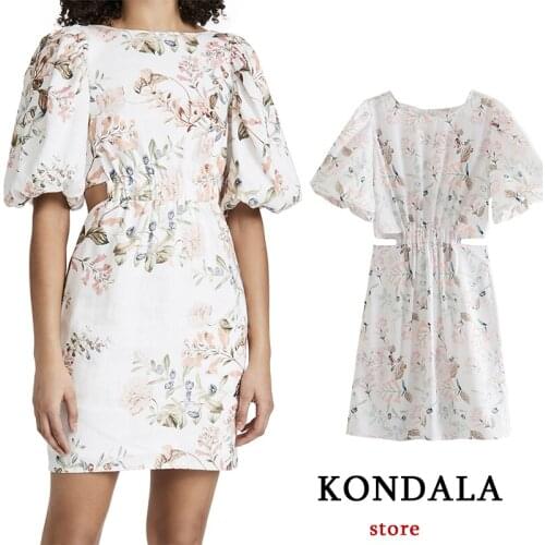 KONDALA Womens Za Puff Sleeve Dress Elegant Show Waist Floral Fashion 2021 White Mini Dress Female Vintage Mujer Vestidos