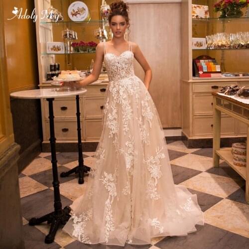 Adoly Mey Gorgeous Appliques Court Train A-Line Wedding Dress 2020 Luxury Spaghetti Straps Beaded Princess Bridal Gown Plus Size