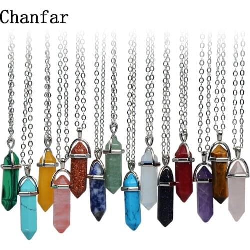 Hexagonal Column Crystal Pendant Natural Stone Necklaces Gold Sliver Leather Chain Necklace For Women Men Fashion Jewelry