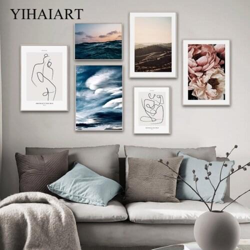 Nordic Line Drawing Artwork Body Sket Picture Abstract Wall Art Canvas Painting Pink Floral Modern Living Room Decoration