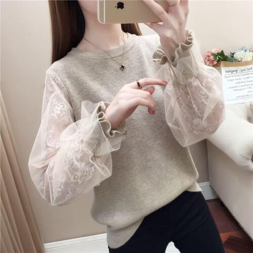 Sweater for womens loose fitting dress for spring 2021 new womens dress lace sleeve bottomed top with Knitted Top