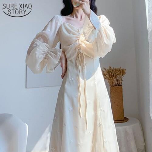 Korean Retro Women Long Party Dress Flare Long Sleeve Embroidery Dress White Square Collar High Waist Mid-length Dress 12912