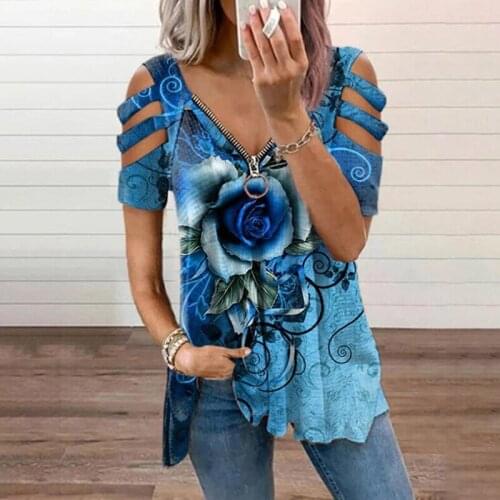 Summer Womens Short-sleeved V-neck Top Loose Casual Printing Rose Printing T-shirt Top Fashion Trend T-shirt Shirt