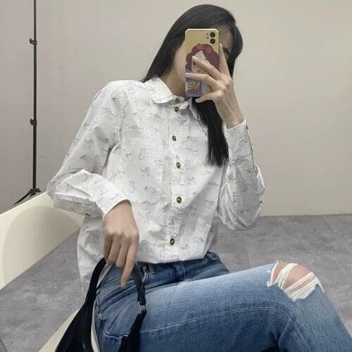 Women Shirt 2021 Early Spring New Kitty Print Lace Collar Single-breasted Cotton Shirt