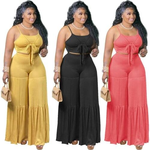 Womens European and American Sexy Suspender Pleated Wide Leg Pants Two Piece Set