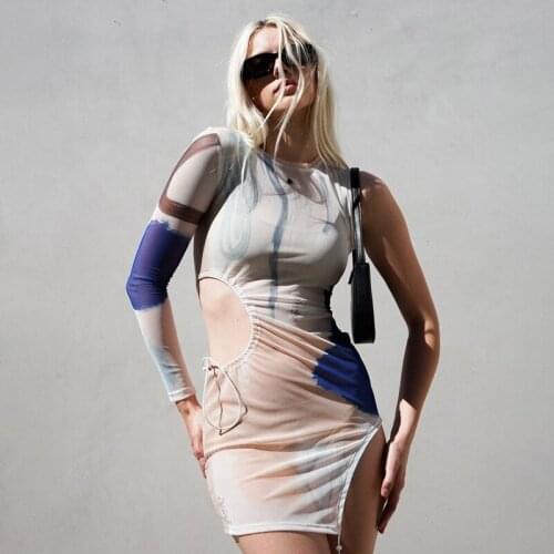 Split Hollow Out See-through Ladies Dress One-shoulder Long Sleeve Sleeveless Summer Print Thin Sexy Party O-neck Women Dresses