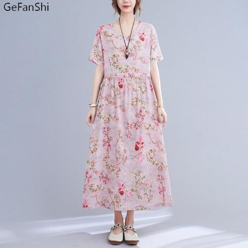 Casual Loose Floral Vintage Short Sleeve Dress Elegant Ladies Fashion Women Summer Dresses Cotton Linen Clothes Plus Size