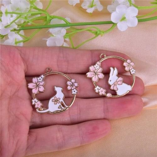 10pcs/pack Flower Wreath Cat Rabbit Enamel Metal Charms Earring Bracelet DIY Jewelry Making 30x31mm