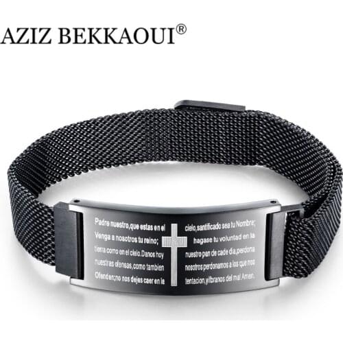 AZIZ BEKKAOUI Stainless Steel Cross Bracelet Engrave Scripture Bracelet Health Bracelet Men Magnetic Adjustable Size Bangle Male