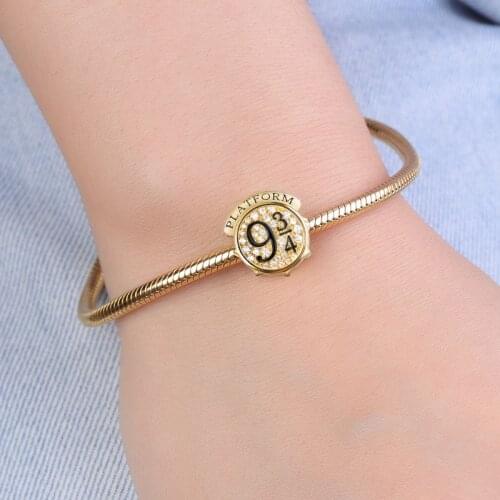 Kings Cross Platform 9 3/4 Bead Bangle Gold Plated with CZ Crystlas Charm Bracelet Women Retro Jewelry Wholesale