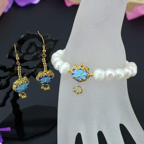 Original design 10-11mm natural white pearl beads bracelet dangle earrings gold-color cloisonne women jewelry set 7.5inch B3102