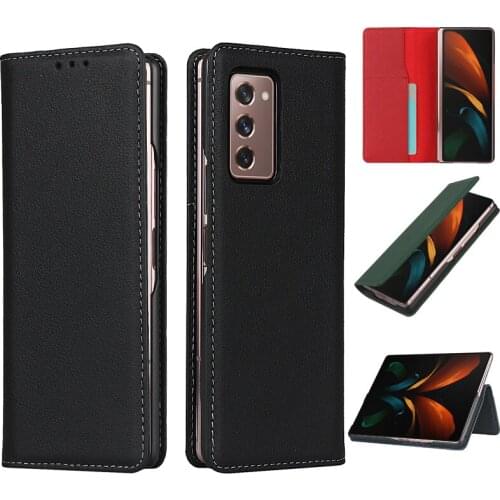 For Samsung Galaxy Z Fold 2 Fold2 Folder 2 5G Cover Classic Lychee Pattern Genuine Leather Flip Phone Case SM F916B SM F916N W21