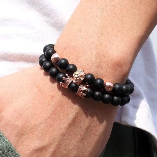 Black onyx stone skull bracelet set beaded crown bracelets for men pulseras jewellery men bileklik accessories bijoux homme