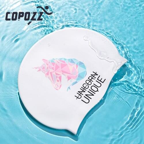 COPOZZ Unisex Printed Swim Caps Waterproof Silicone Swimming Hat for Men Women Ear Protection Pool Accessories Adult Children Sp