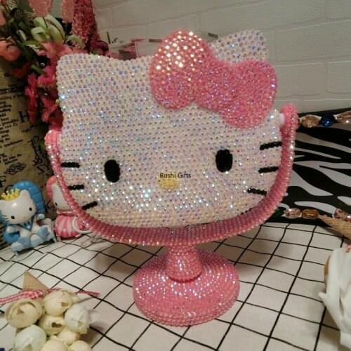 Home Decor Cute Cat Handmade Rhinestone Bling Dressing Mirror Makeup Portable Decorative Mirrors Table Makeup Mirror