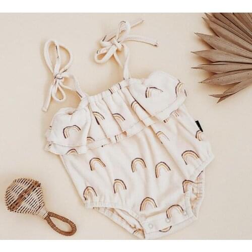 FOCUSNORM Baby Girl’s Lace-Up Suspender Bodysuits Sweet Pattern Printing Ruffles Jumpsuits and Headband