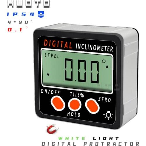 HUOTO IP54 Black Magnetic Based Digital Protractor Bevel Gauge Inclinometer With Backlight Support Degree Slope % Bevel Box