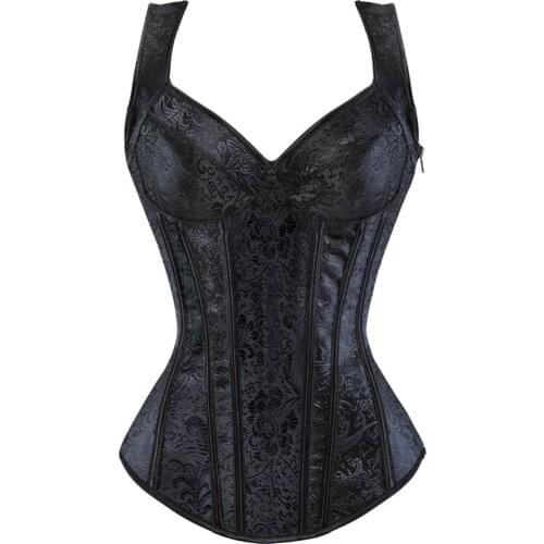 Gothic Bustiers Corset Sexy Women Jacquard Brocade Corselet With Side Zipper Vest Straps Overbust Corsets Top Vintage Medieval