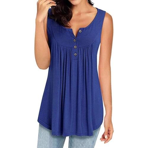 Summer Women Casual Solid Color Buttons Pleated Loose Sleeveless Tank Top Vest
