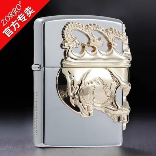 New ZORRO pure copper windproof kerosene lighter gold crown skull classic grinding wheel men’s gift smoking tool