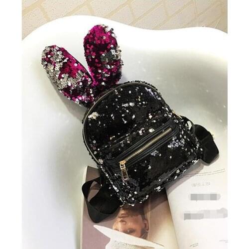 Moon Wood Newest Bling Sequins Backpack Cute Big Rabbit Ears Double Shoulder Bag Women Mini Backpack Children Girls Travel Bag