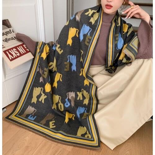 Luxury Cartoon Print Scarf Women Cashmere Winter Warm Scarves Brand Pashmina Shawls Lady Wraps Bufanda Thick Bandana